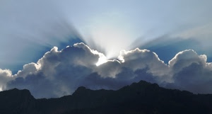 nuvole, raggi, montagne, controluce, cielo, sole, silhouette, azzurro, luce, bianco